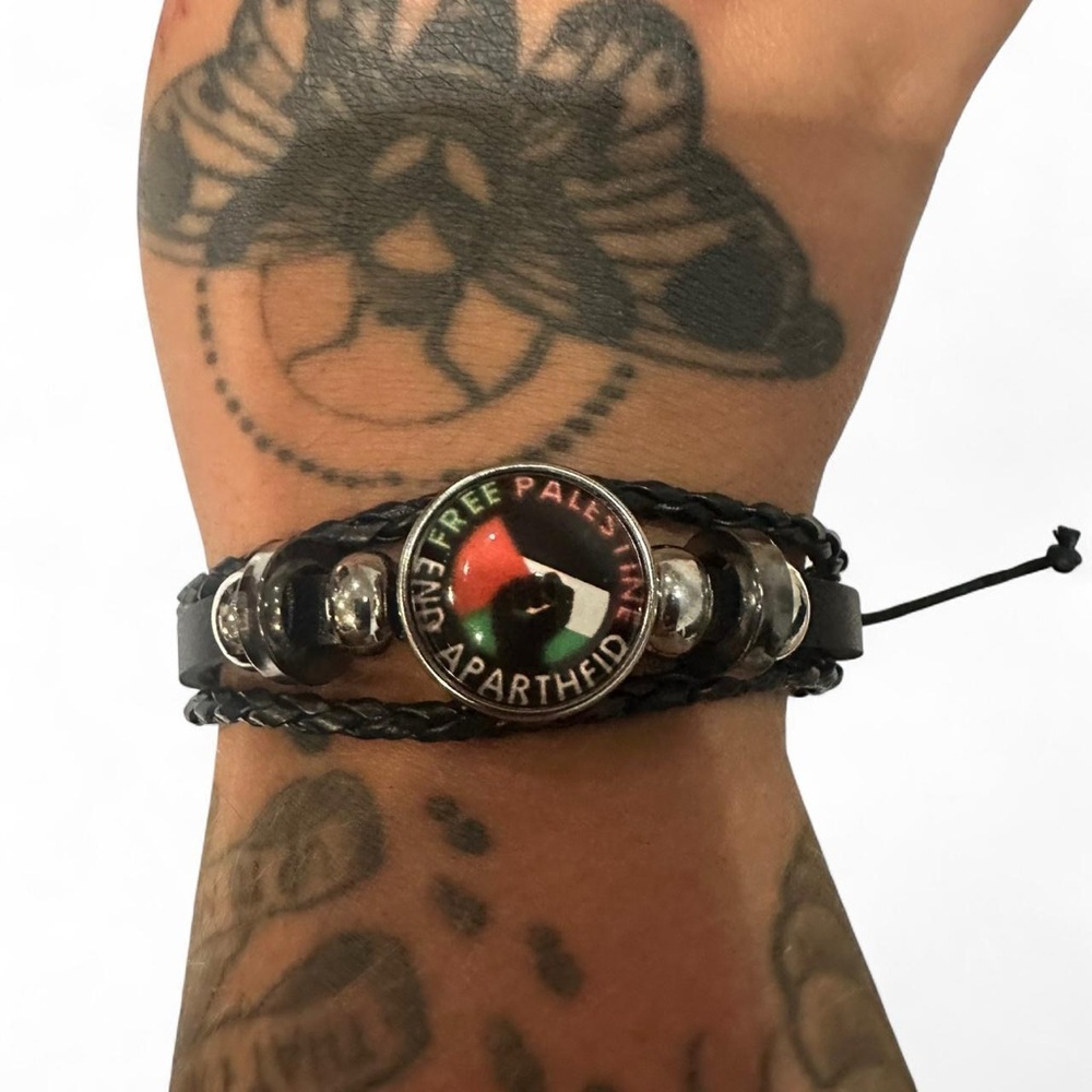 Black pleather Bracelet with adjustable cords Free Palestine End Apartheid